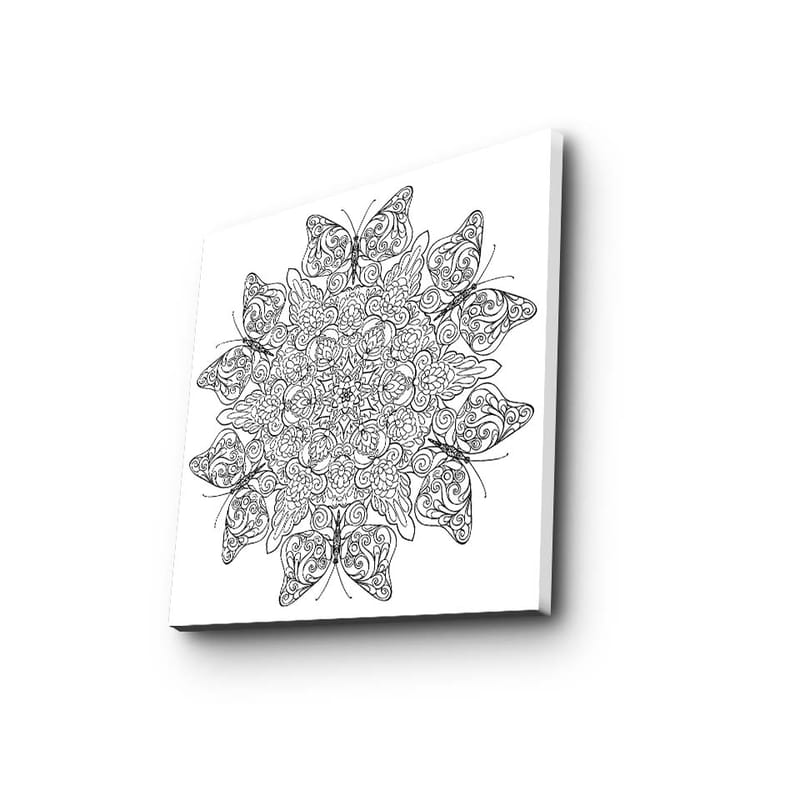 Lerretsbilde 45x45 cm - Intrikat mandala med sommerfugler og blomster - Svart / Hvit - Interiør - Maleri & posters - Lerretsbilder