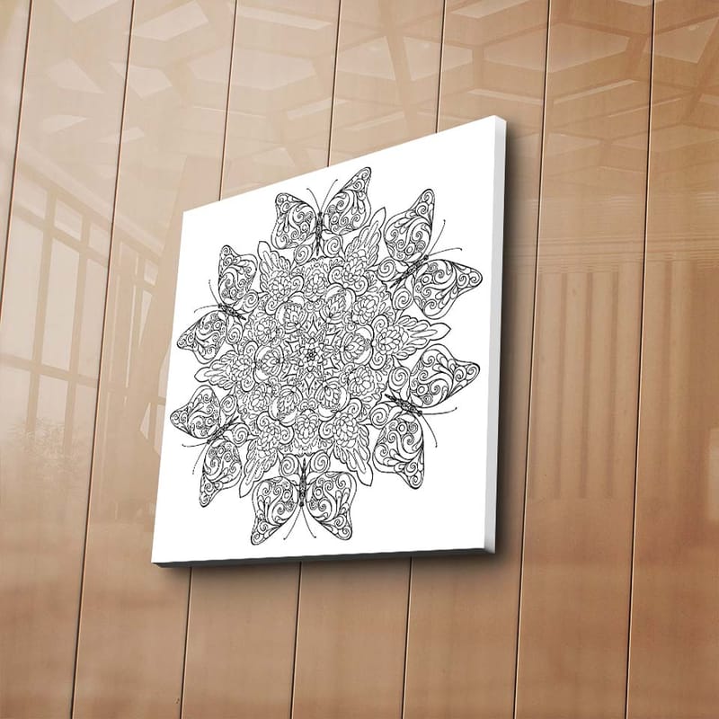 Lerretsbilde 45x45 cm - Intrikat mandala med sommerfugler og blomster - Svart / Hvit - Interiør - Maleri & posters - Lerretsbilder
