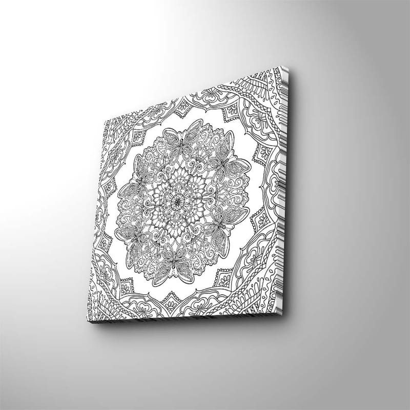 Lerretsbilde 45x45 cm - Intrikat mandala med sommerfugler og blomster - Svart / Hvit - Interiør - Maleri & posters - Lerretsbilder