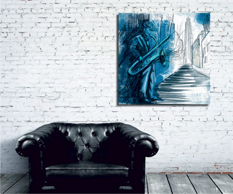 Lerretsbilde 45x45 cm - Jazzmusiker spiller saksofon i et urbant miljø, Blå / Grønn / Svart