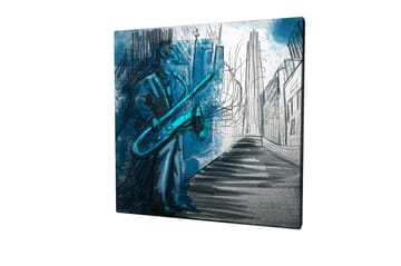 Lerretsbilde 45x45 cm - Jazzmusiker spiller saksofon i et urbant miljø - Blå / Grønn / Svart - Interiør - Maleri & posters - Lerretsbilder