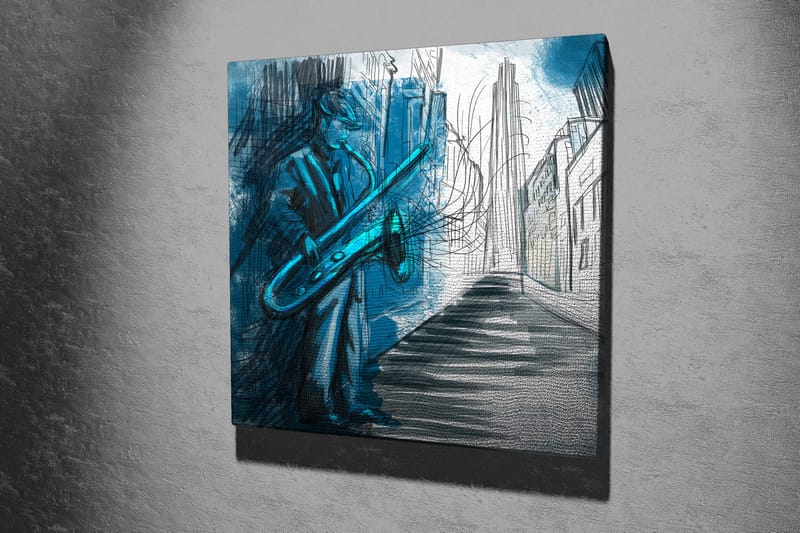 Lerretsbilde 45x45 cm - Jazzmusiker spiller saksofon i et urbant miljø - Blå / Grønn / Svart - Interiør - Maleri & posters - Lerretsbilder