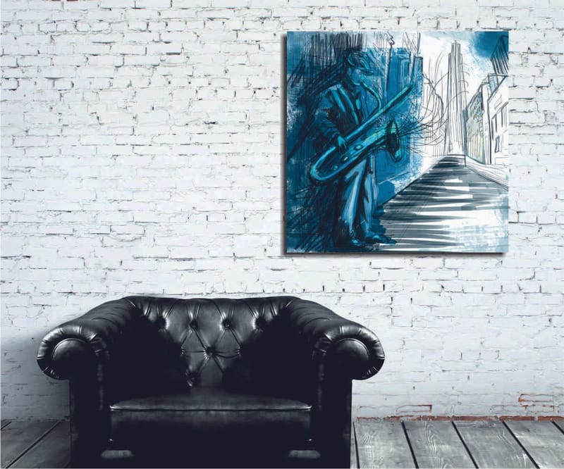 Lerretsbilde 45x45 cm - Jazzmusiker spiller saksofon i et urbant miljø, Blå / Grønn / Svart
