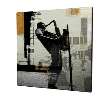 Lerretsbilde 45x45 cm - Jazzmusiker spiller saksofon i et urbant miljø - Svart / Gul / Grå - Interiør - Maleri & posters - Lerretsbilder