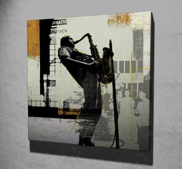 Lerretsbilde 45x45 cm - Jazzmusiker spiller saksofon i et urbant miljø - Svart / Gul / Grå - Interiør - Maleri & posters - Lerretsbilder