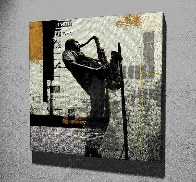 Lerretsbilde 45x45 cm - Jazzmusiker spiller saksofon i et urbant miljø - Svart / Gul / Grå - Interiør - Maleri & posters - Lerretsbilder