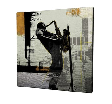 Lerretsbilde 45x45 cm - Jazzmusiker spiller saksofon i et urbant miljø - Svart / Gul / Grå - Interiør - Maleri & posters - Lerretsbilder