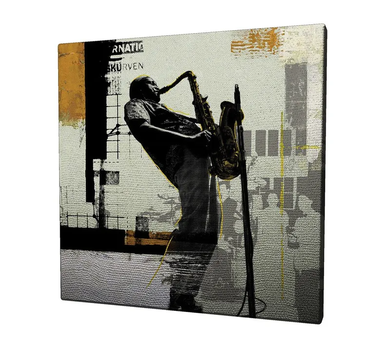 Lerretsbilde 45x45 cm - Jazzmusiker spiller saksofon i et urbant miljø - Svart / Gul / Grå - Interiør - Maleri & posters - Lerretsbilder
