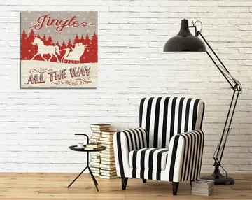 Lerretsbilde 45x45 cm - Julemotiv med reinsdyr og slede i snødekt landskap - Rød / Grå / Hvit - Interiør - Maleri & posters - Lerretsbilder