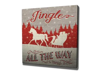 Lerretsbilde 45x45 cm - Julemotiv med reinsdyr og slede i snødekt landskap - Rød / Grå / Hvit - Interiør - Maleri & posters - Lerretsbilder