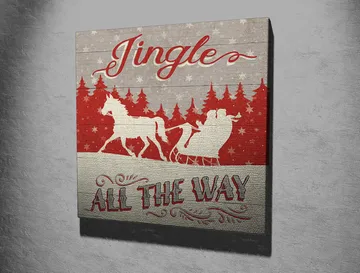 Lerretsbilde 45x45 cm - Julemotiv med reinsdyr og slede i snødekt landskap - Rød / Grå / Hvit - Interiør - Maleri & posters - Lerretsbilder