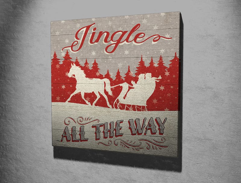 Lerretsbilde 45x45 cm - Julemotiv med reinsdyr og slede i snødekt landskap - Rød / Grå / Hvit - Interiør - Maleri & posters - Lerretsbilder