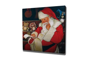 Lerretsbilde 45x45 cm - Julenissen leser en liste med leker i koselige omgivelser - Rød / Hvit / Brun - Interiør - Maleri & posters - Lerretsbilder