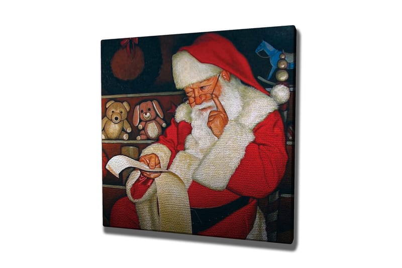 Lerretsbilde 45x45 cm - Julenissen leser en liste med leker i koselige omgivelser - Rød / Hvit / Brun - Interiør - Maleri & posters - Lerretsbilder