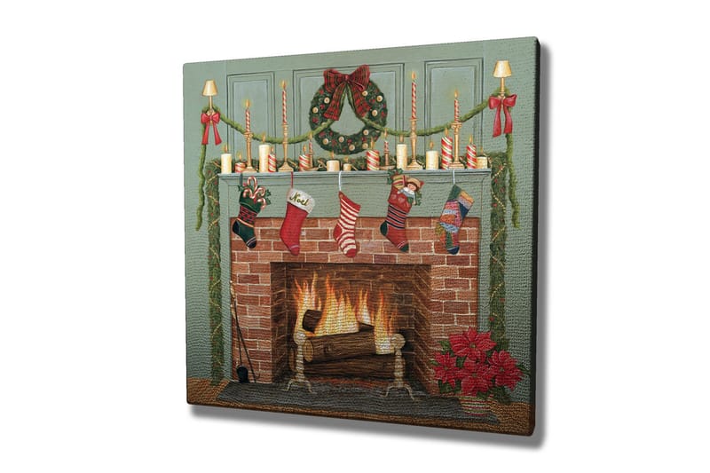 Lerretsbilde 45x45 cm - Julepynt ved peisen med julestrømper og lys - Rød / Grønn / Brun - Interiør - Maleri & posters - Lerretsbilder