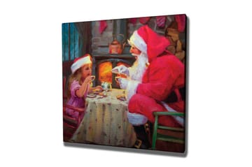 Lerretsbilde 45x45 cm - Julestemning med julenissen og barn som deler en kopp varm sjokolade - Rød / Beige / Grønn - Interiør - Maleri & posters - Lerretsbilder