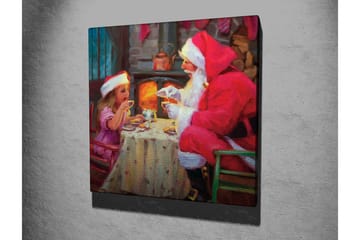 Lerretsbilde 45x45 cm - Julestemning med julenissen og barn som deler en kopp varm sjokolade - Rød / Beige / Grønn - Interiør - Maleri & posters - Lerretsbilder