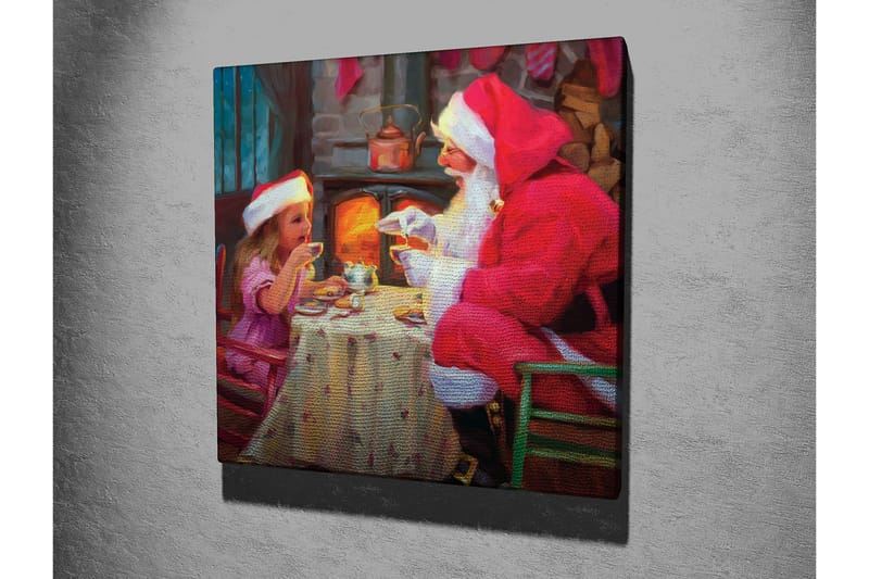 Lerretsbilde 45x45 cm - Julestemning med julenissen og barn som deler en kopp varm sjokolade - Rød / Beige / Grønn - Interiør - Maleri & posters - Lerretsbilder