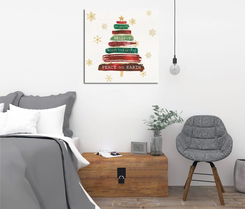 Lerretsbilde 45x45 cm - Juletre med tekst og pynt, Grønn / Rød / Brun