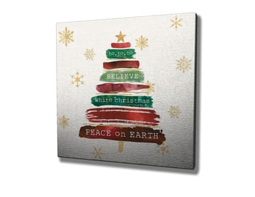 Lerretsbilde 45x45 cm - Juletre med tekst og pynt - Grønn / Rød / Brun - Interiør - Maleri & posters - Lerretsbilder