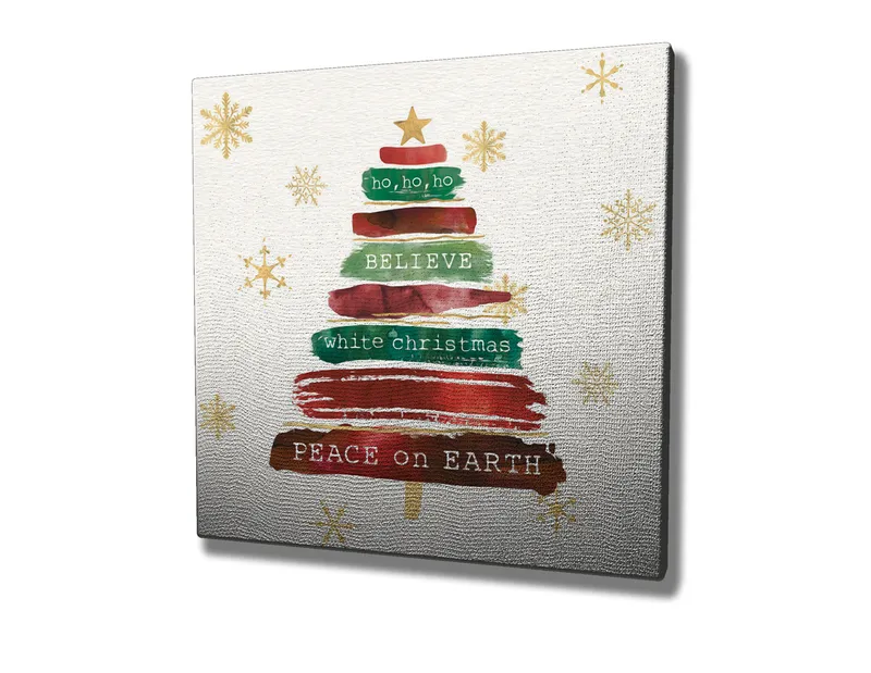 Lerretsbilde 45x45 cm - Juletre med tekst og pynt - Grønn / Rød / Brun - Interiør - Maleri & posters - Lerretsbilder