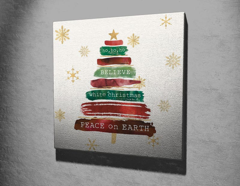 Lerretsbilde 45x45 cm - Juletre med tekst og pynt - Grønn / Rød / Brun - Interiør - Maleri & posters - Lerretsbilder