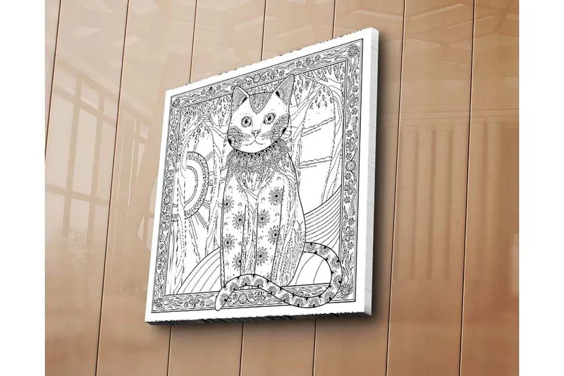 Lerretsbilde 45x45 cm - Katt med detaljert mønster og ornamentikk - Svart / Hvit - Interiør - Maleri & posters - Lerretsbilder