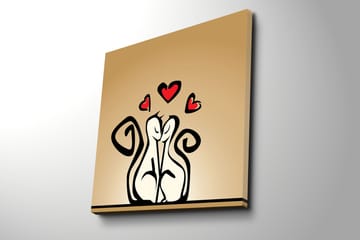 Lerretsbilde 45x45 cm - Kjærlig par med stiliserte figurer med hjerter over - Svart / Rød / Beige - Interiør - Maleri & posters - Lerretsbilder