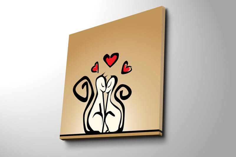 Lerretsbilde 45x45 cm - Kjærlig par med stiliserte figurer med hjerter over - Svart / Rød / Beige - Interiør - Maleri & posters - Lerretsbilder