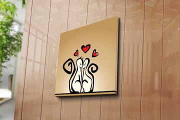 Lerretsbilde 45x45 cm - Kjærlig par med stiliserte figurer med hjerter over - Svart / Rød / Beige - Interiør - Maleri & posters - Lerretsbilder