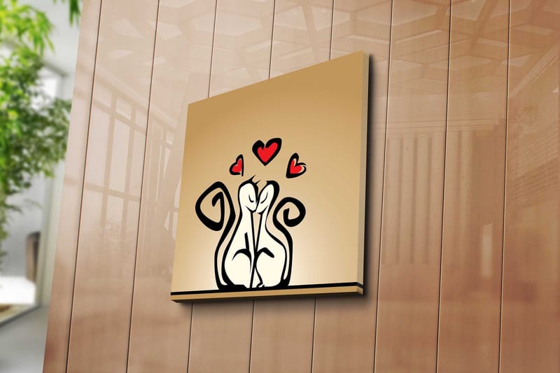 Lerretsbilde 45x45 cm - Kjærlig par med stiliserte figurer med hjerter over - Svart / Rød / Beige - Interiør - Maleri & posters - Lerretsbilder