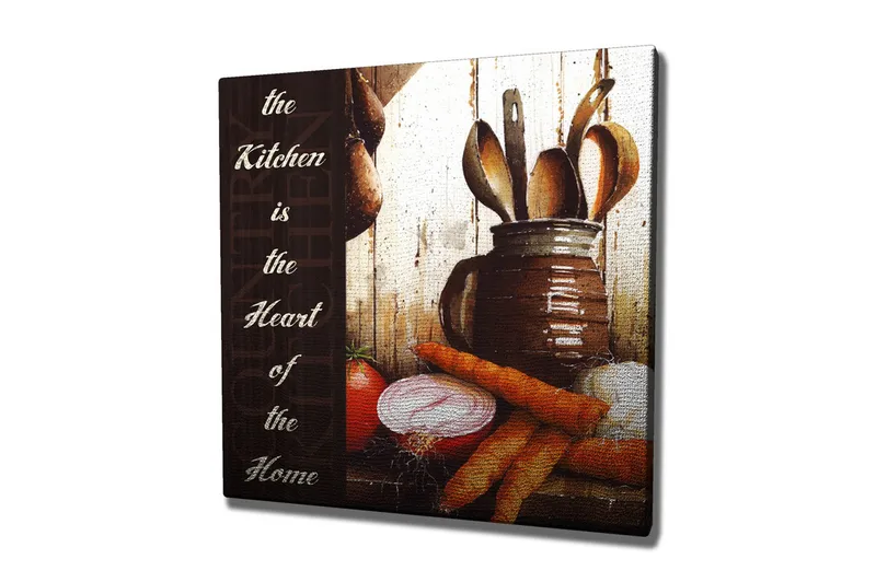 Lerretsbilde 45x45 cm - Kjøkkenutstyr med grønnsaker og kjøkkenredskaper, Rød / Oransje / Brun