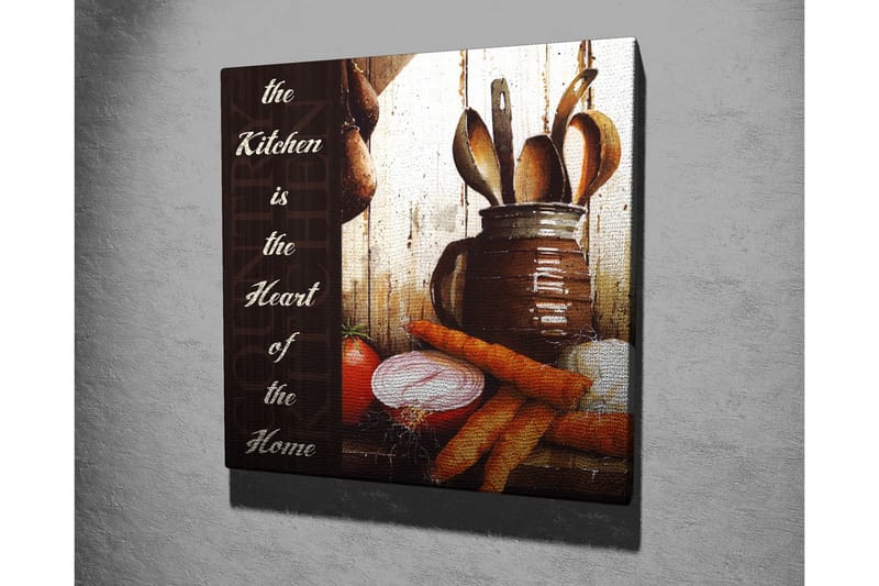Lerretsbilde 45x45 cm - Kjøkkenutstyr med grønnsaker og kjøkkenredskaper - Rød / Oransje / Brun - Interiør - Maleri & posters - Lerretsbilder