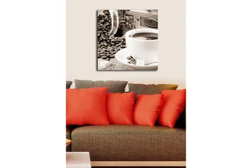 Lerretsbilde 45x45 cm - Kopp kaffe omgitt av kaffebønner og sukkerbiter - Brun / Hvit / Grå - Interiør - Maleri & posters - Lerretsbilder