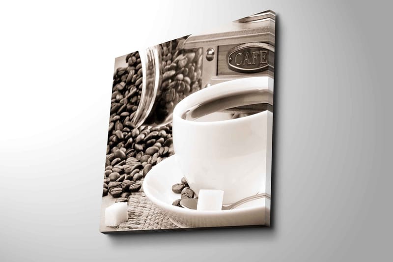 Lerretsbilde 45x45 cm - Kopp kaffe omgitt av kaffebønner og sukkerbiter - Brun / Hvit / Grå - Interiør - Maleri & posters - Lerretsbilder