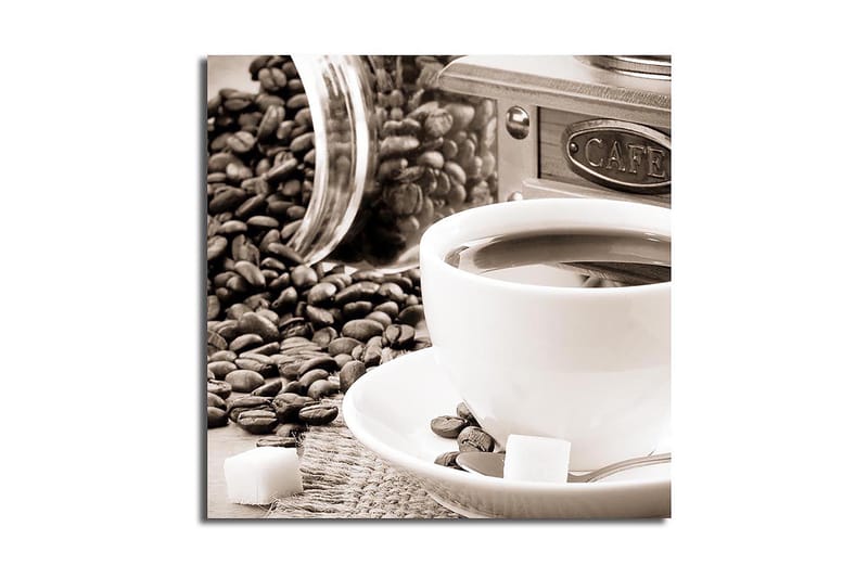 Lerretsbilde 45x45 cm - Kopp kaffe omgitt av kaffebønner og sukkerbiter, Brun / Hvit / Grå