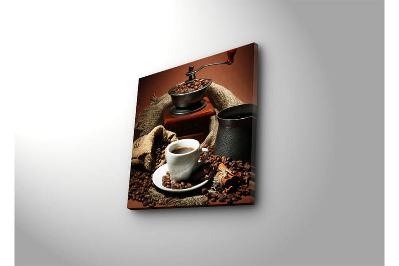 Lerretsbilde 45x45 cm - Kopp nybrygget kaffe omgitt av kaffebønner og en kaffekvern - Mørk brun / Svart / Beige - Interiør - Maleri & posters - Lerretsbilder