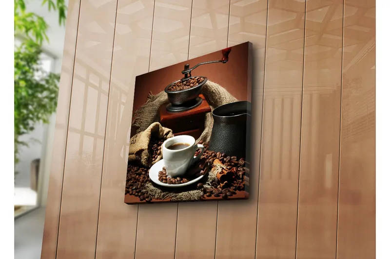 Lerretsbilde 45x45 cm - Kopp nybrygget kaffe omgitt av kaffebønner og en kaffekvern - Mørk brun / Svart / Beige - Interiør - Maleri & posters - Lerretsbilder