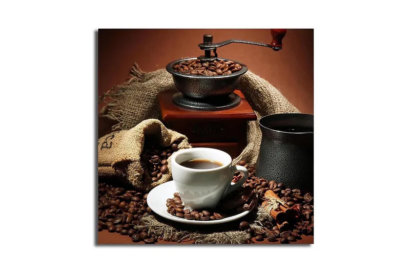 Lerretsbilde 45x45 cm - Kopp nybrygget kaffe omgitt av kaffebønner og en kaffekvern, Mørk brun / Svart / Beige