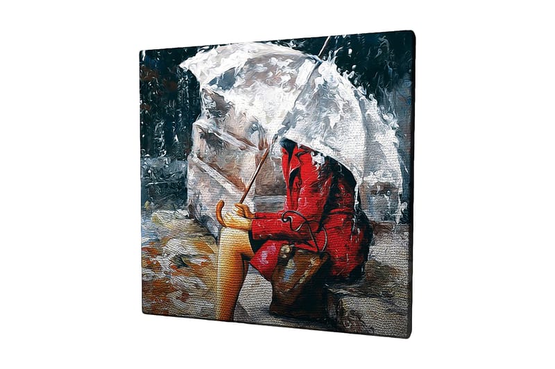 Lerretsbilde 45x45 cm - Kvinne i rød frakk sitter under en paraply i regnet, Rød / Grå / Beige