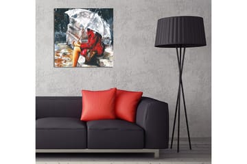 Lerretsbilde 45x45 cm - Kvinne i rød frakk sitter under en paraply i regnet - Rød / Grå / Beige - Interiør - Maleri & posters - Lerretsbilder