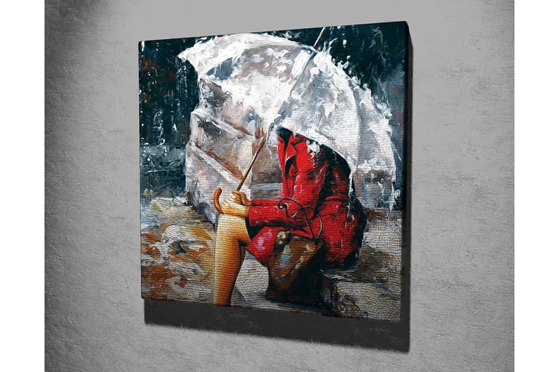 Lerretsbilde 45x45 cm - Kvinne i rød frakk sitter under en paraply i regnet - Rød / Grå / Beige - Interiør - Maleri & posters - Lerretsbilder