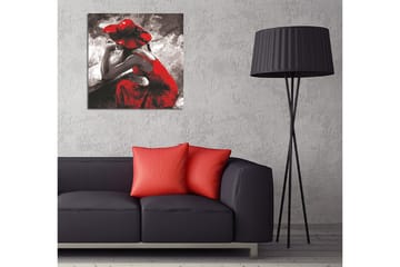 Lerretsbilde 45x45 cm - Kvinnelig figur i rød kjole og hatt som sitter tankefull - Rød / Svart / Grå - Interiør - Maleri & posters - Lerretsbilder