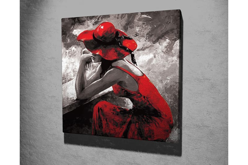 Lerretsbilde 45x45 cm - Kvinnelig figur i rød kjole og hatt som sitter tankefull - Rød / Svart / Grå - Interiør - Maleri & posters - Lerretsbilder