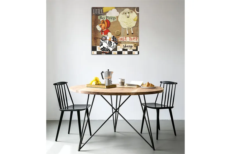 Lerretsbilde 45x45 cm - Leken scene med en jente som leter etter sauene sine, Beige / Svart / Rød