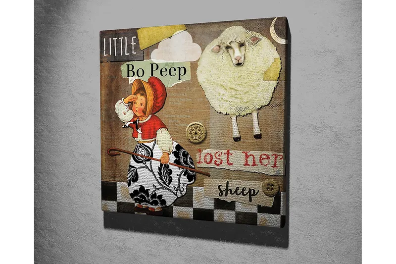 Lerretsbilde 45x45 cm - Leken scene med en jente som leter etter sauene sine - Beige / Svart / Rød - Interiør - Maleri & posters - Lerretsbilder