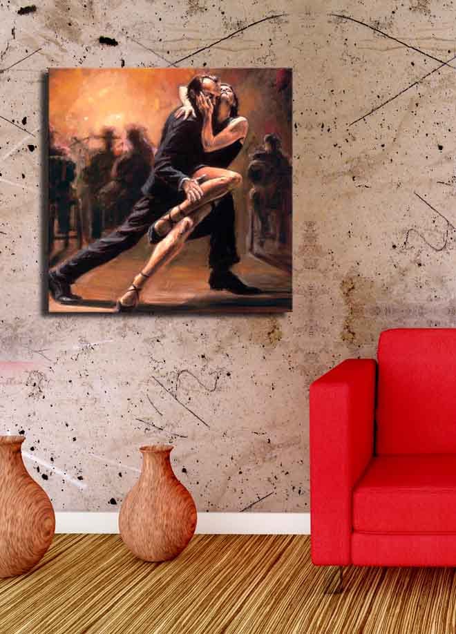 Lerretsbilde 45x45 cm - Lidenskapelig tango mellom to dansere - Mørk rød / Svart / Beige - Interiør - Maleri & posters - Lerretsbilder