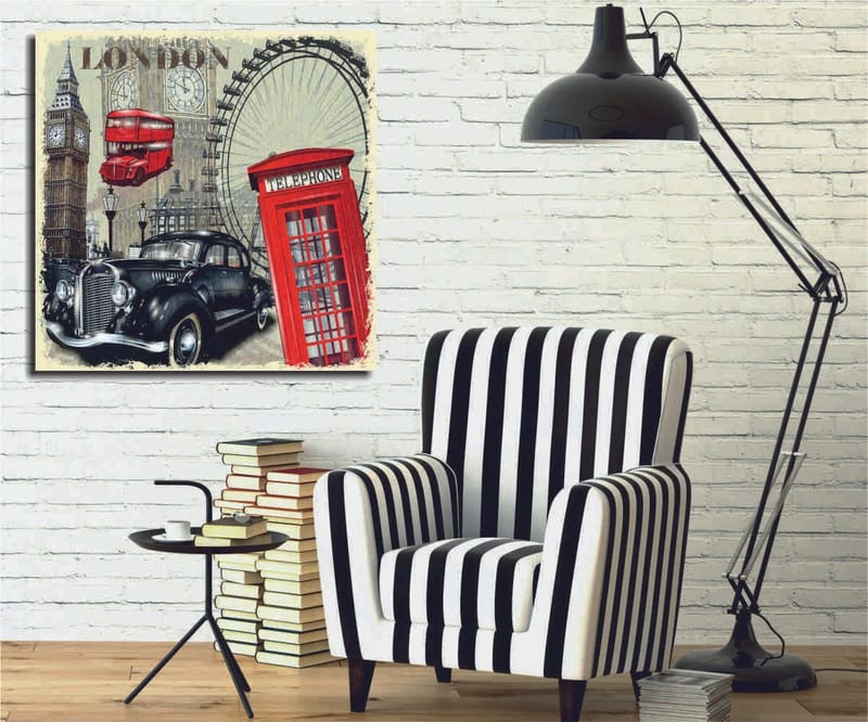 Lerretsbilde 45x45 cm - London-inspirert bybilde med en rød telefonkiosk og en klassisk bil, Rød / Svart / Beige