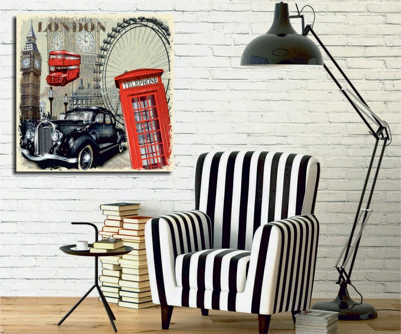 Lerretsbilde 45x45 cm - London-inspirert bybilde med en rød telefonkiosk og en klassisk bil, Rød / Svart / Beige