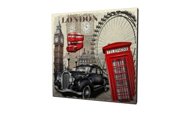 Lerretsbilde 45x45 cm - London-inspirert bybilde med en rød telefonkiosk og en klassisk bil - Rød / Svart / Beige - Interiør - Maleri & posters - Lerretsbilder
